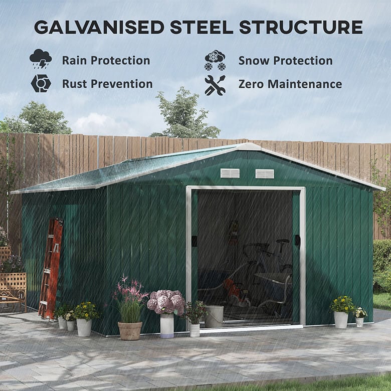 13 x 11ft Garden Shed Storage With Foundation Kit and Vents - Green