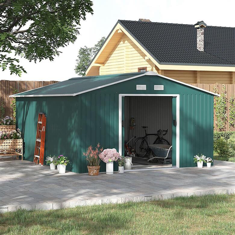 13 x 11ft Garden Shed Storage With Foundation Kit and Vents - Green
